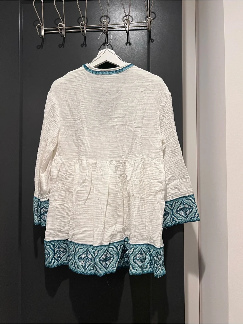Zara White Tunic Swim Coverup with Teal Embroidered Trim